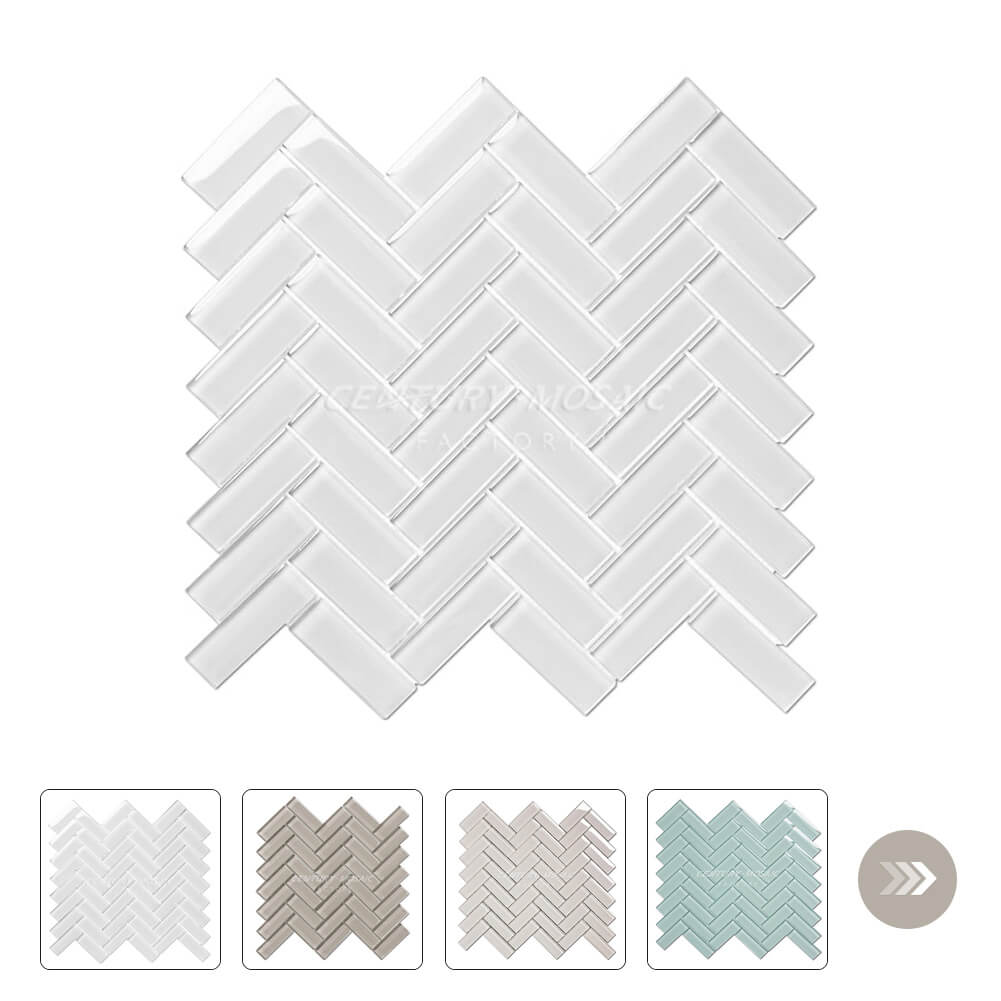 Crystal Glass 1×3″ Herringbone Mosaic White Glossy Wholesale