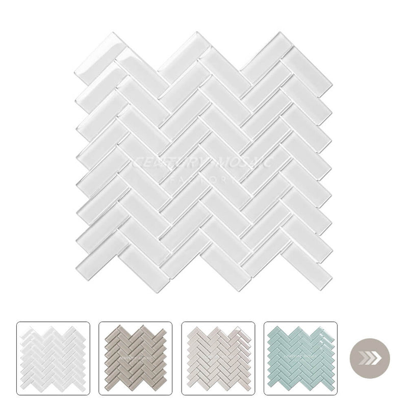 Crystal Glass 1×3″ Herringbone Mosaic White Glossy Wholesale