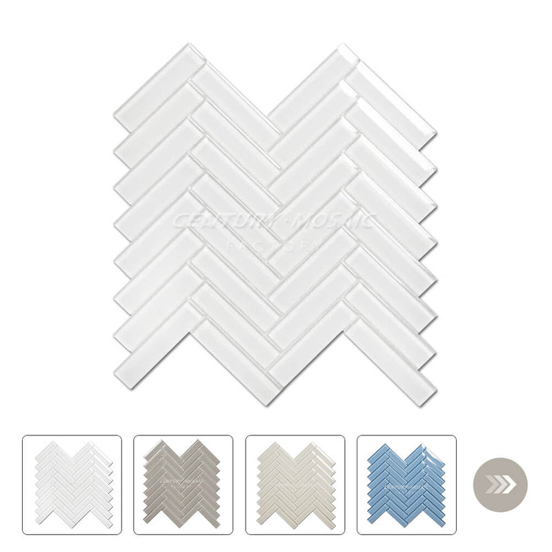 Crystal Glass 1”x 4”Herringbone Mosaic White Glossy Wholesale
