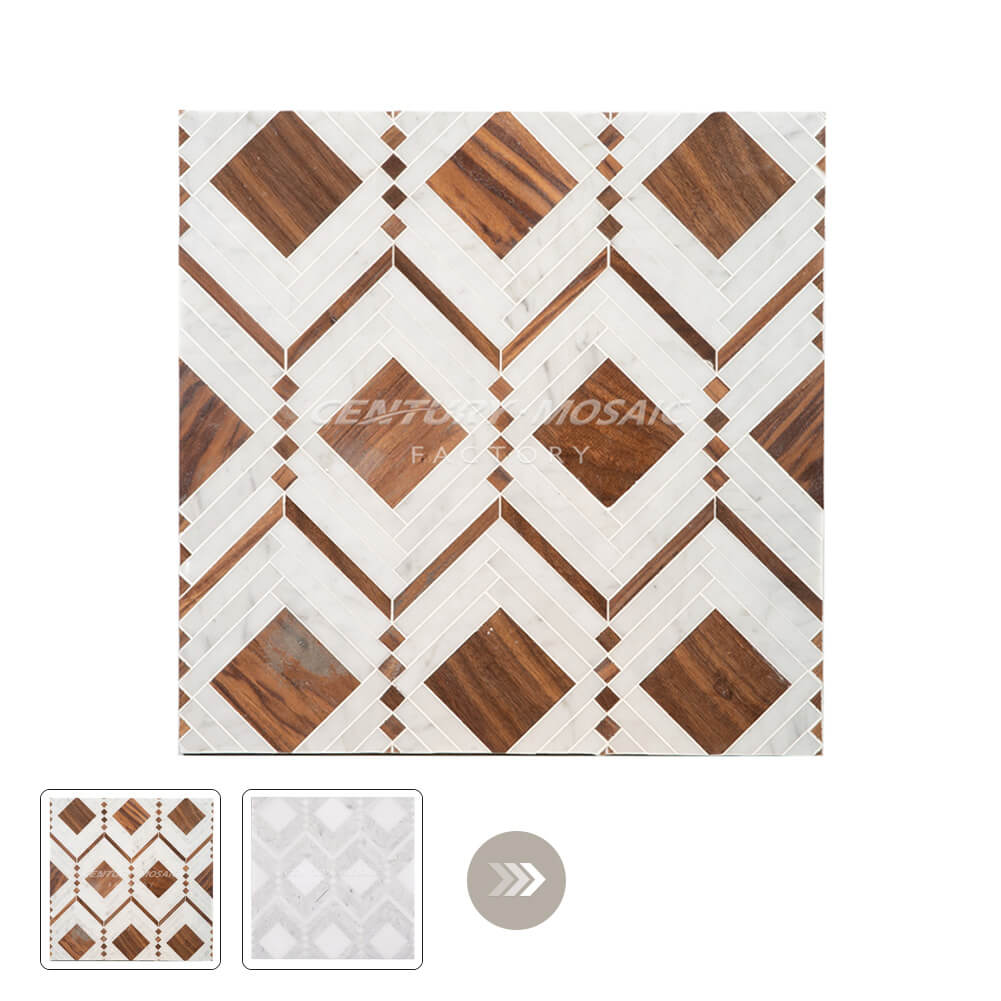 Shinenet Waterjet Marble White Wood Rhombus Polished Mosaic Thailand Wholesale