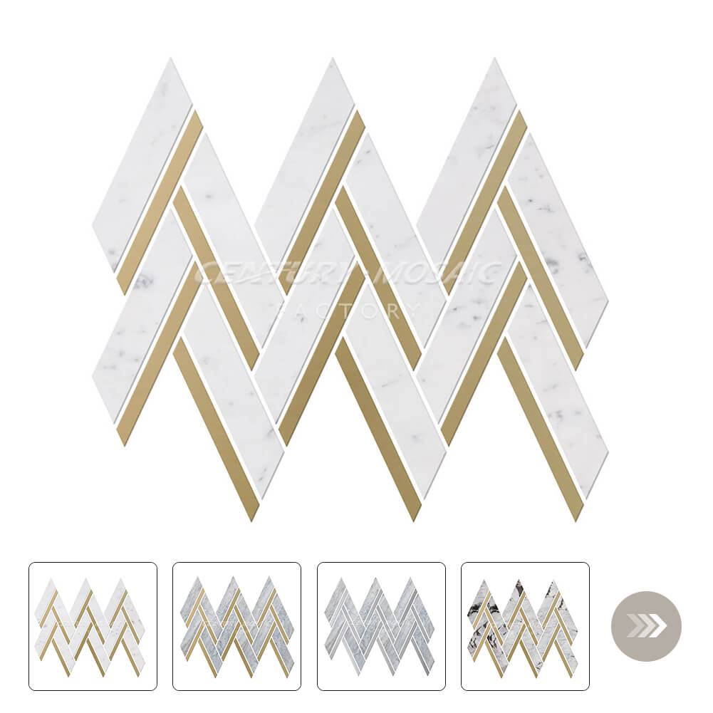 Marble and Metal White Herringbone Polished Mosaic Wholesale