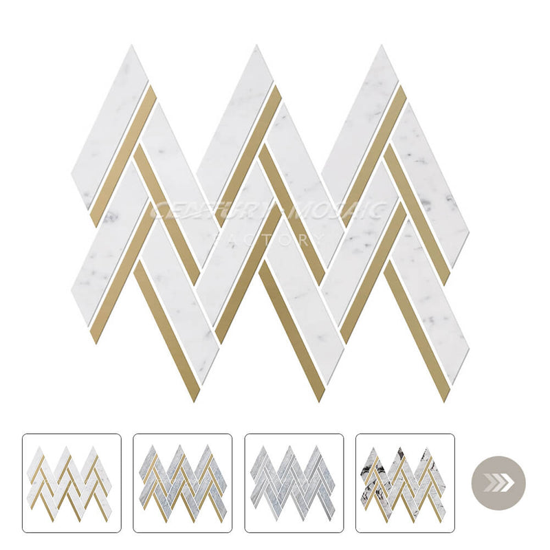 Marble and Metal White Herringbone Polished Mosaic Wholesale