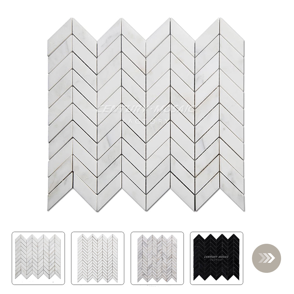 1"x2" Chevron White Polished Marble Mosaic Collection Wholesale