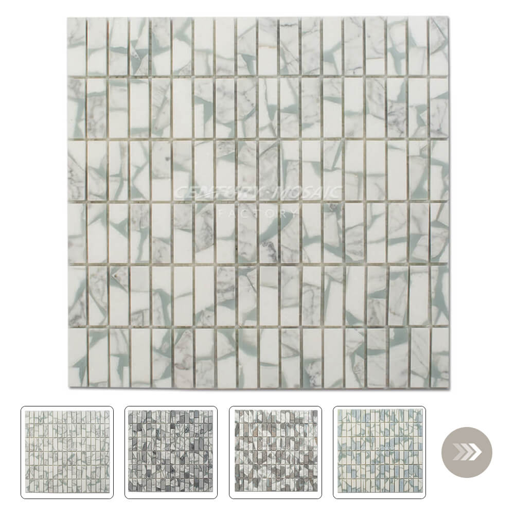 Fractured Marble White Strip Polished Mosaic Wholesale
